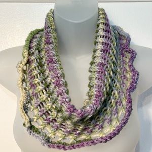 Handmade Knit Infinity Scarf Neck Warmer Cowl in Shades of Purple Green Yellow
